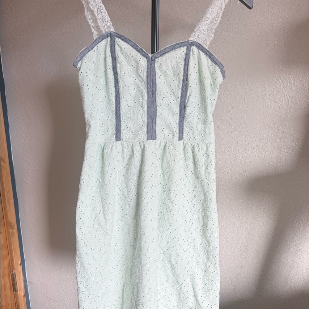 Eyelet Midi Dress with Lace Straps - Mint with Gray Trim Size Small